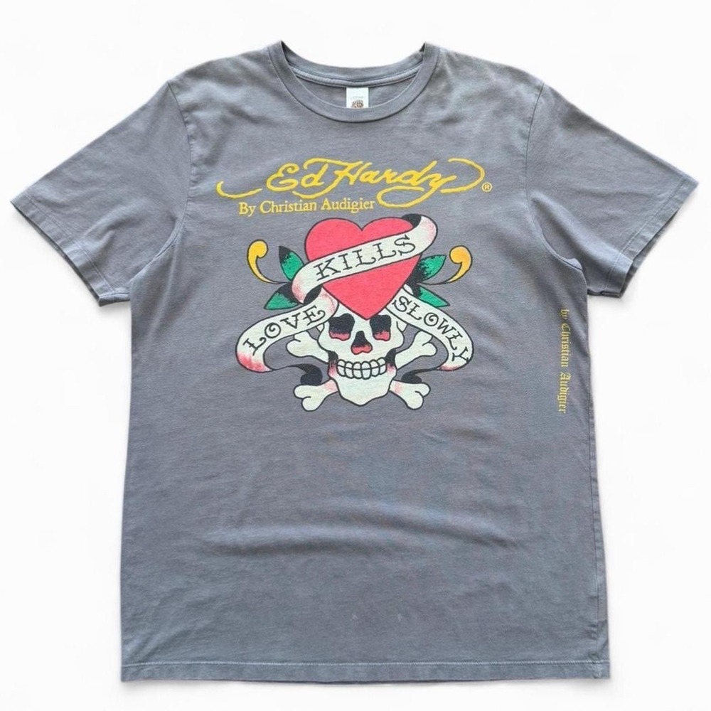 Vintage Y2K Christian Audigier Don Ed Hardy Love Kills Skull T-shirt XL Grey